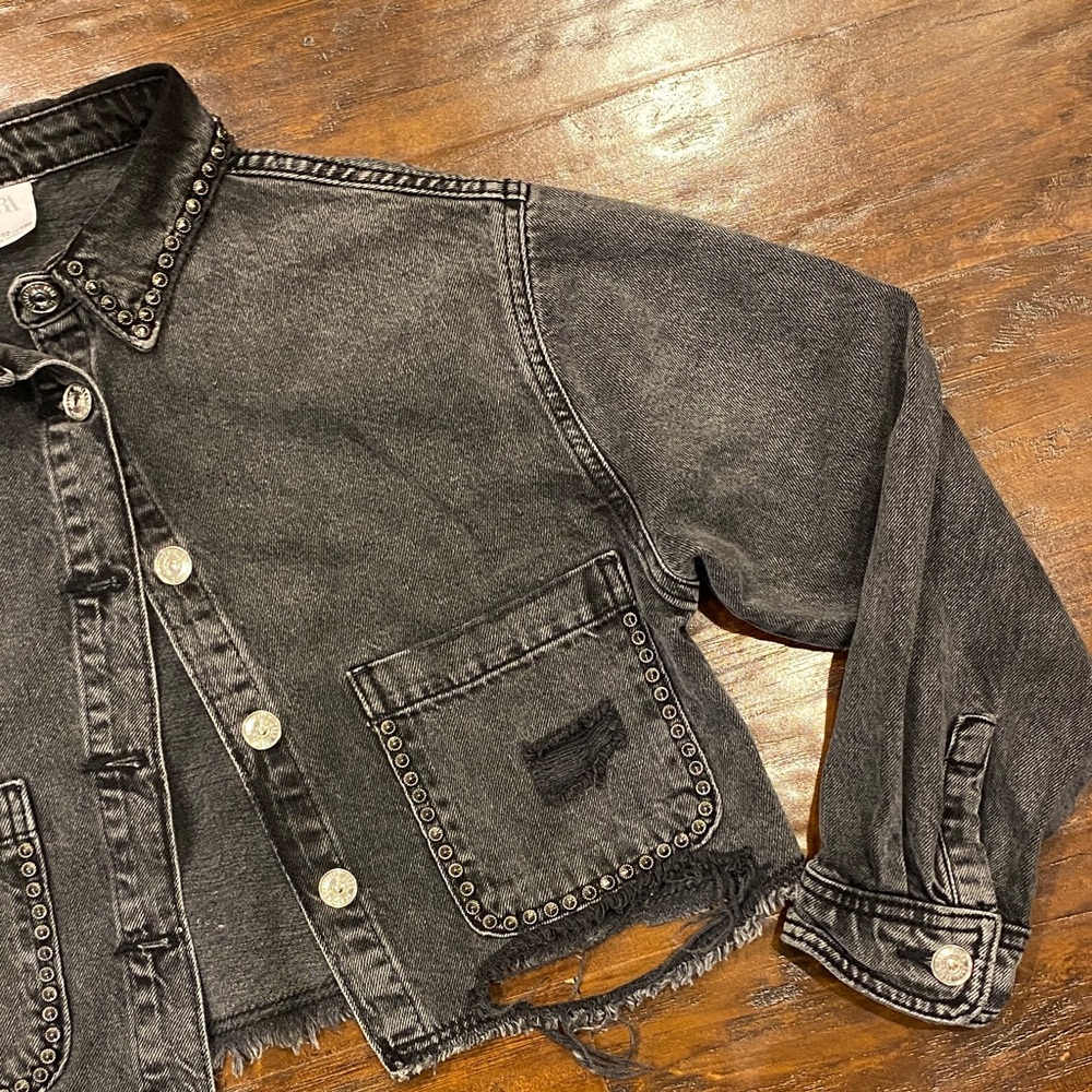 Zara Distressed Cropped Black Denim Jacket Girls Size 11-12 - Picture 5 of 10